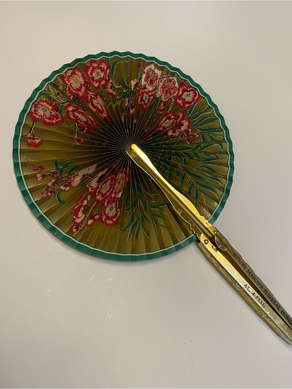 Vintage Funeral Home Advertising Fan – Floral Paper & Metal Handle